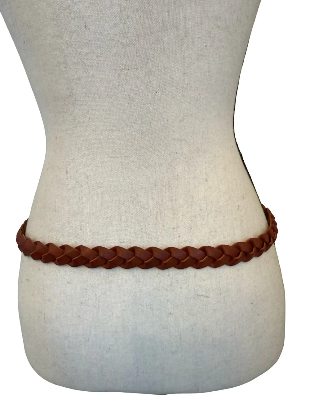 Braided Faux Leather Belt Brown Woven Adjustable Brass Tone Buckle Boho